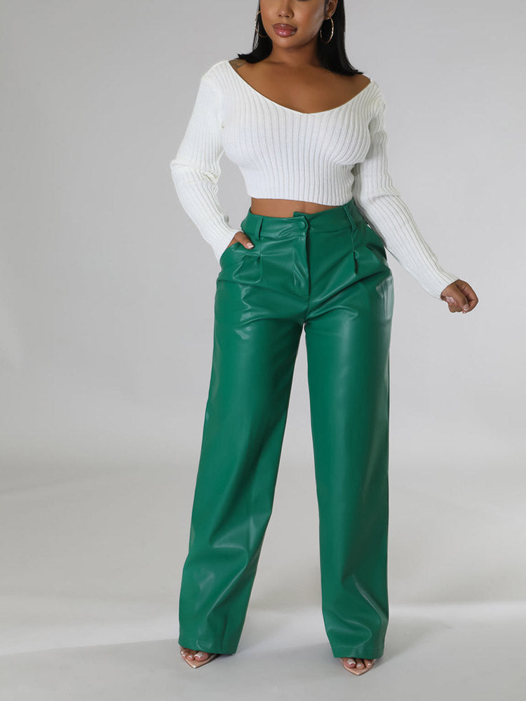 Loookus - Wide-Leg PU Leather Pants