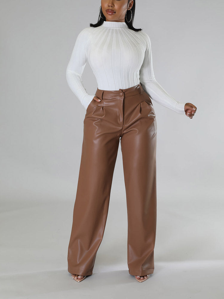 Loookus - Wide-Leg PU Leather Pants