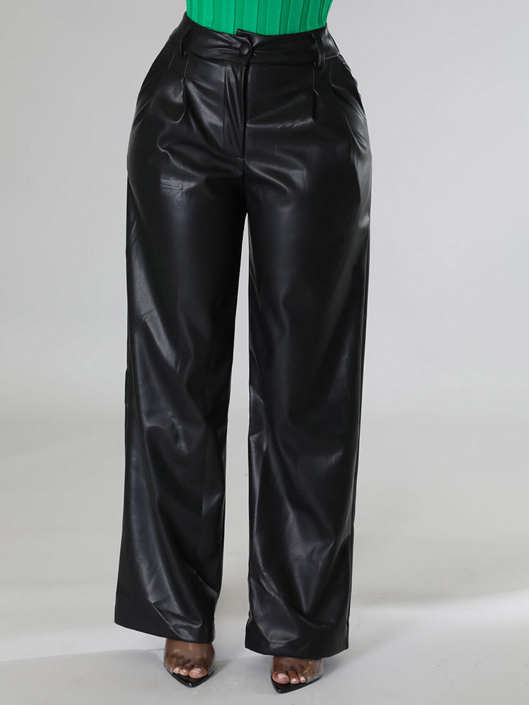 Loookus - Wide-Leg PU Leather Pants