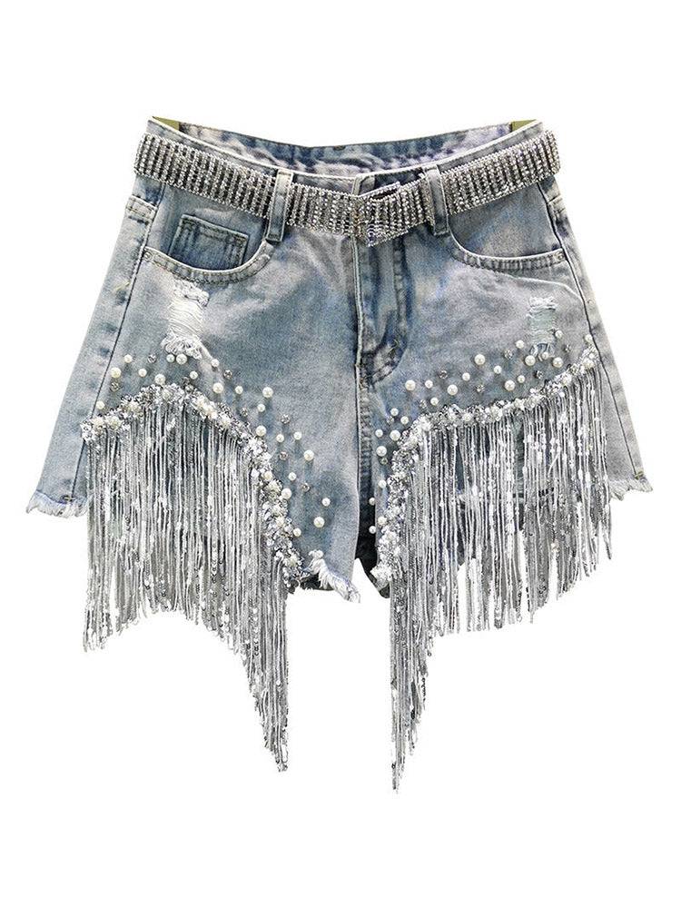 Loookus - Sequin Tassel Pearl Denim Shorts