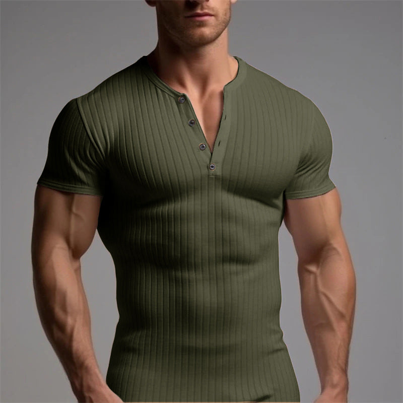 Loookus - Athletic slim-fit stretch ribbed men's short sleeve shirt