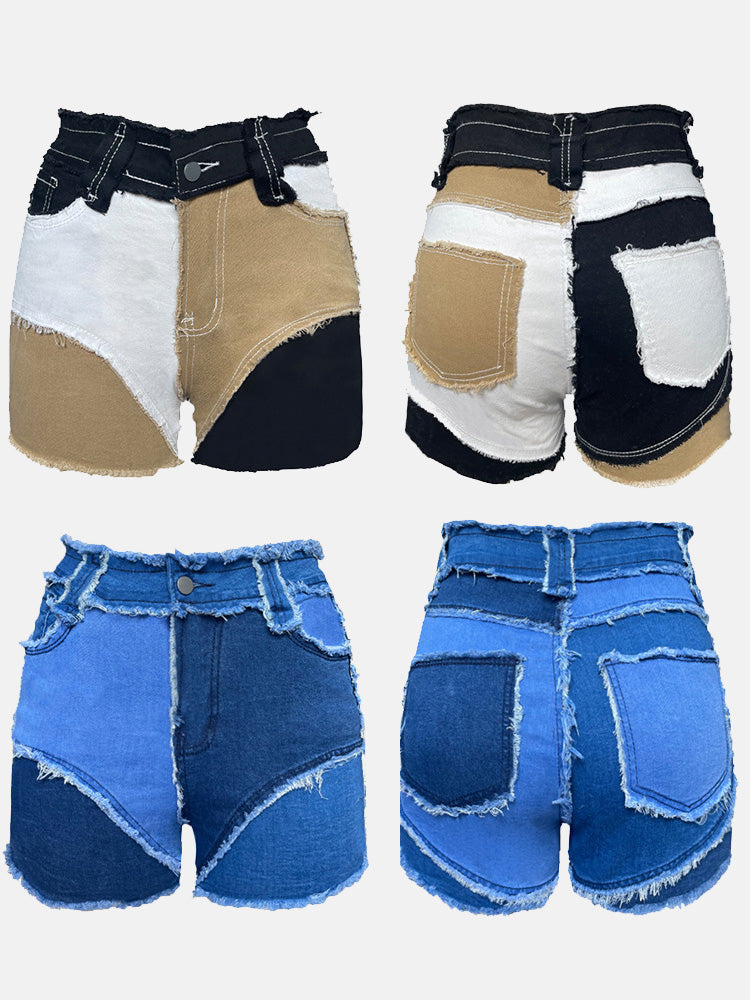 Loookus - Colorblock Raw Hem Denim Shorts