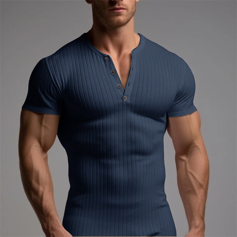 Loookus - Athletic slim-fit stretch ribbed men's short sleeve shirt