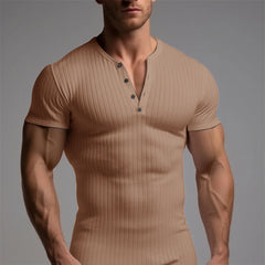 Loookus - Athletic slim-fit stretch ribbed men's short sleeve shirt