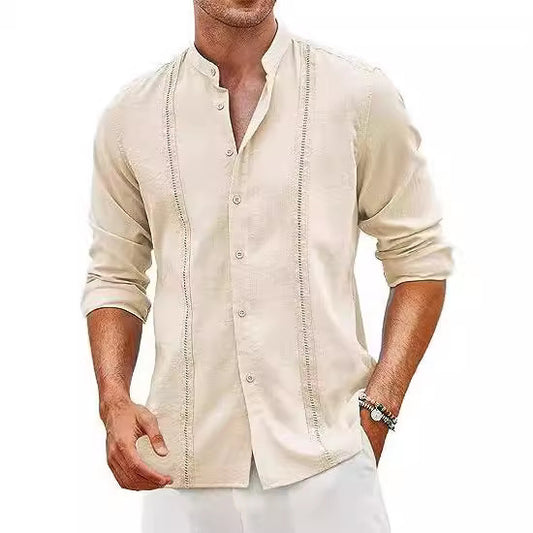 Loookus - Casual solid color men's linen cotton Cuban collar shirt