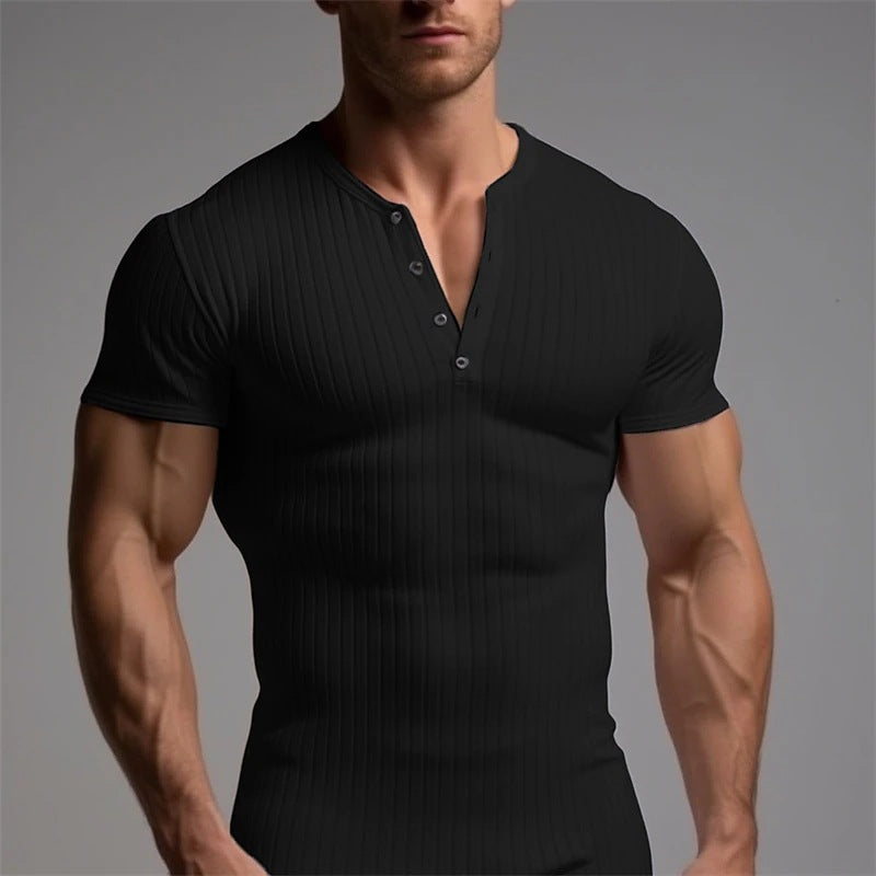 Loookus - Athletic slim-fit stretch ribbed men's short sleeve shirt