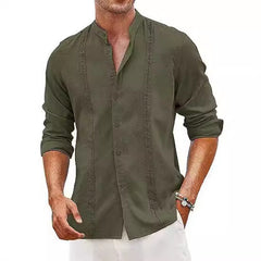 Loookus - Casual solid color men's linen cotton Cuban collar shirt