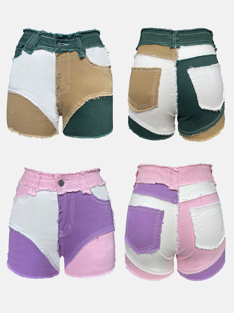 Loookus - Colorblock Raw Hem Denim Shorts