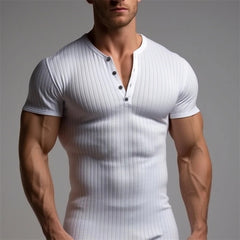 Loookus - Athletic slim-fit stretch ribbed men's short sleeve shirt