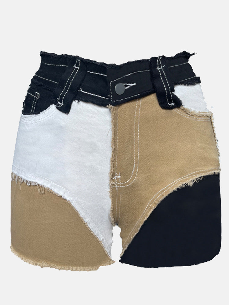 Loookus - Colorblock Raw Hem Denim Shorts