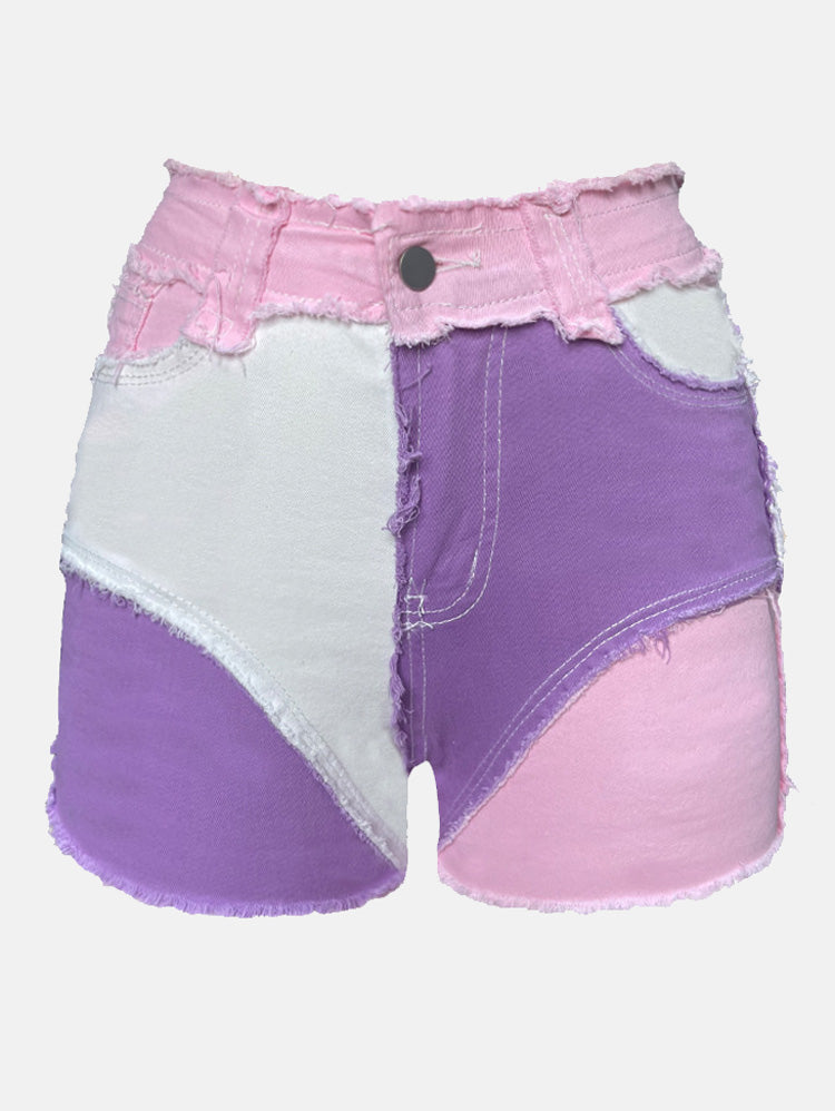 Loookus - Colorblock Raw Hem Denim Shorts