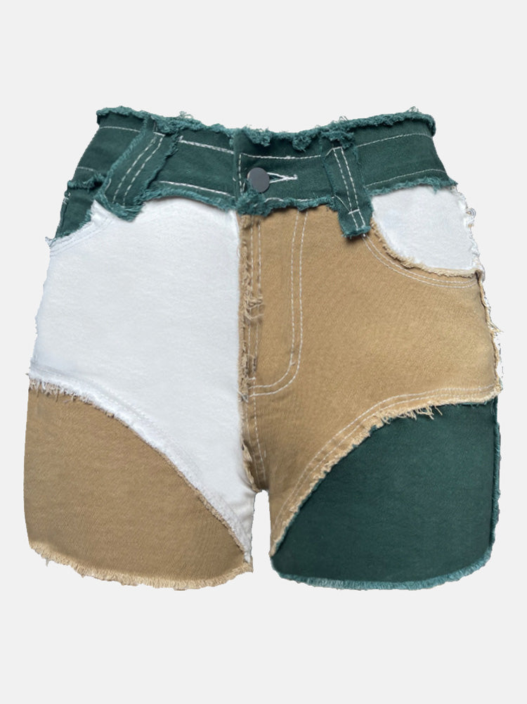 Loookus - Colorblock Raw Hem Denim Shorts