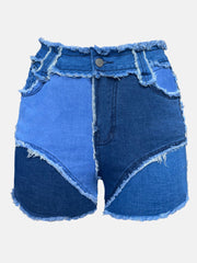 Loookus - Colorblock Raw Hem Denim Shorts