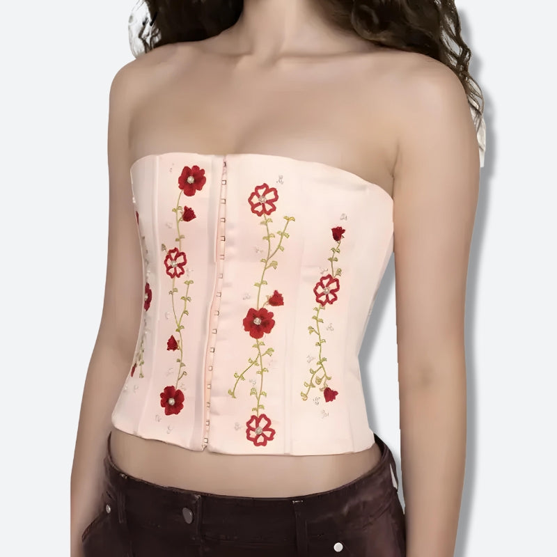 Loookus - Soft Girl Embroidered Beaded Corset Top