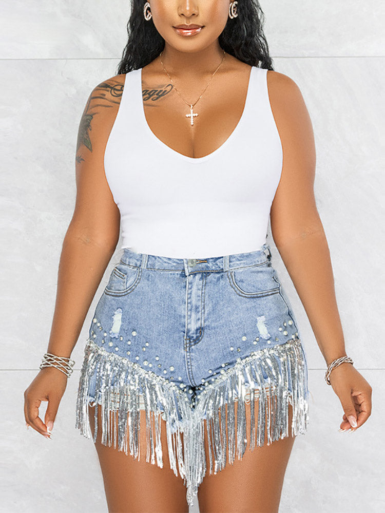 Loookus - Sequin Tassel Pearl Denim Shorts