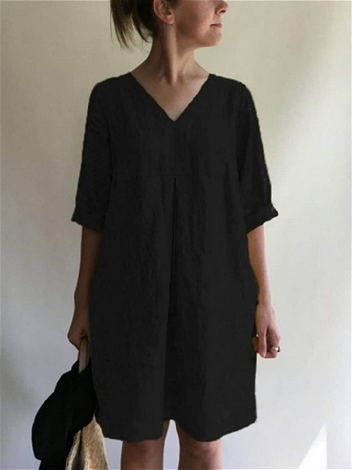 Loookus - Summer V-neck Solid Color Cotton Linen Loose Dresses Women