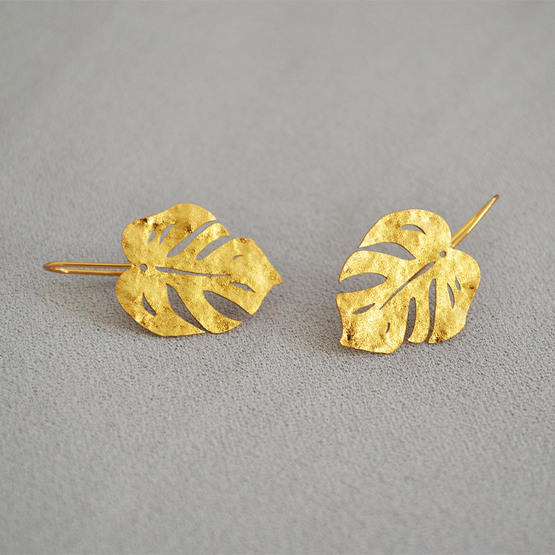 Loookus - Frosted Granular Retro Gold Leaves Earrings