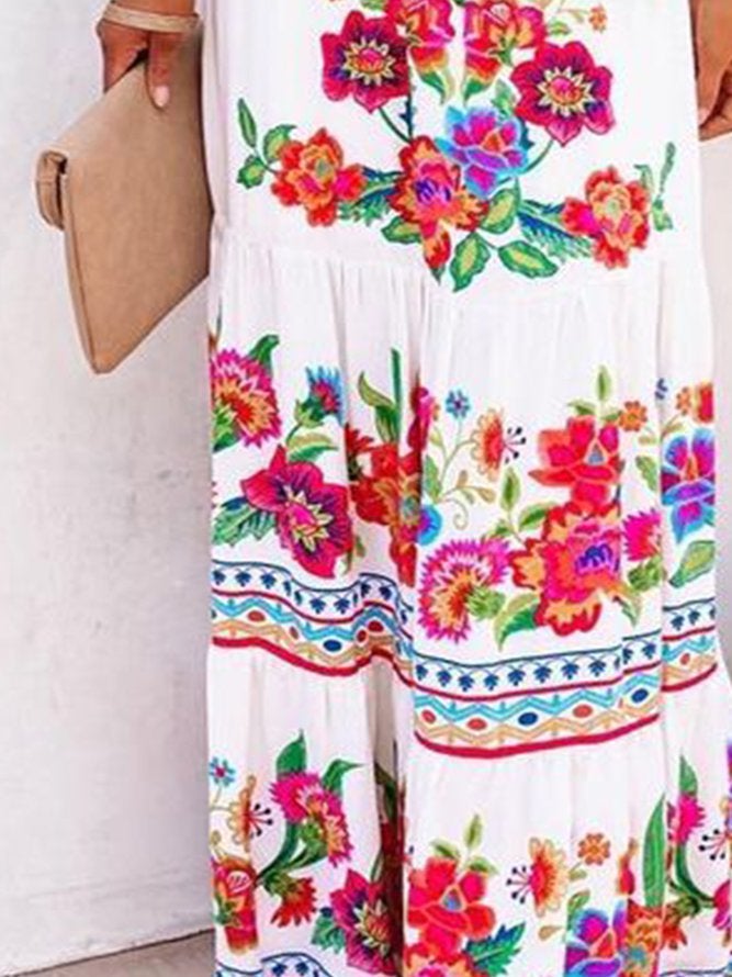 Loookus - Off Shoulder Floral-Print Swing Cold Shoulder Dresses White Dresses