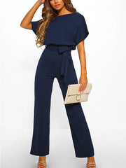 Loookus - Button Lace-up Short-sleeved Jumpsuit