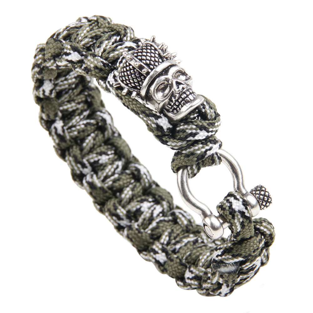 Survival Rope Bracelet with Vintage Skull Charm-Army Green Black White