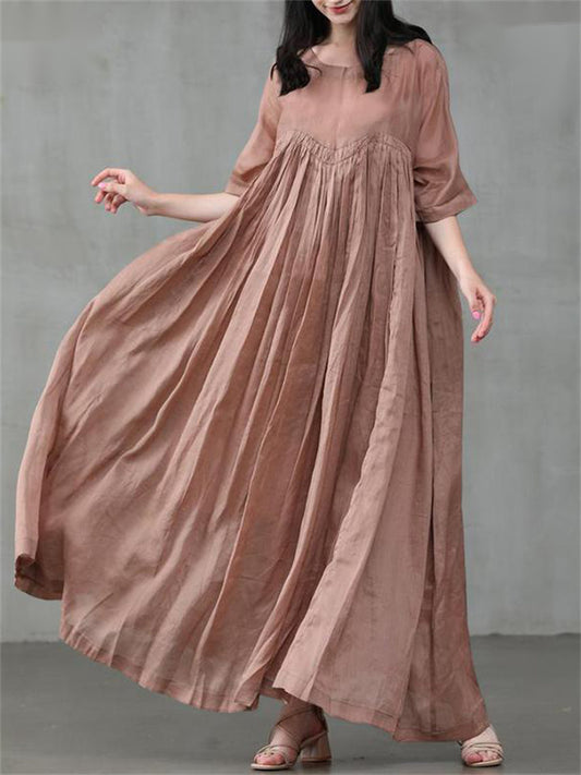 Loookus - Casual Temperament Women's Cotton Linen Set Head Round Neck Swing Type Solid Color Dress