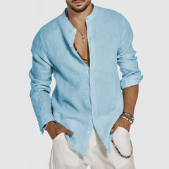 Loookus - Men's Beach Cotton Linen Standing Collar Shirt