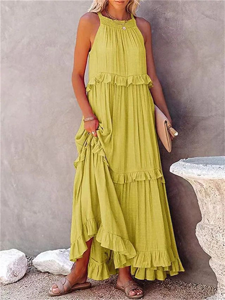 Loookus - Summer New Holiday Style Ruffled Long Dress Sleeveless Round Neck Swing Elegant Beach Dress Women