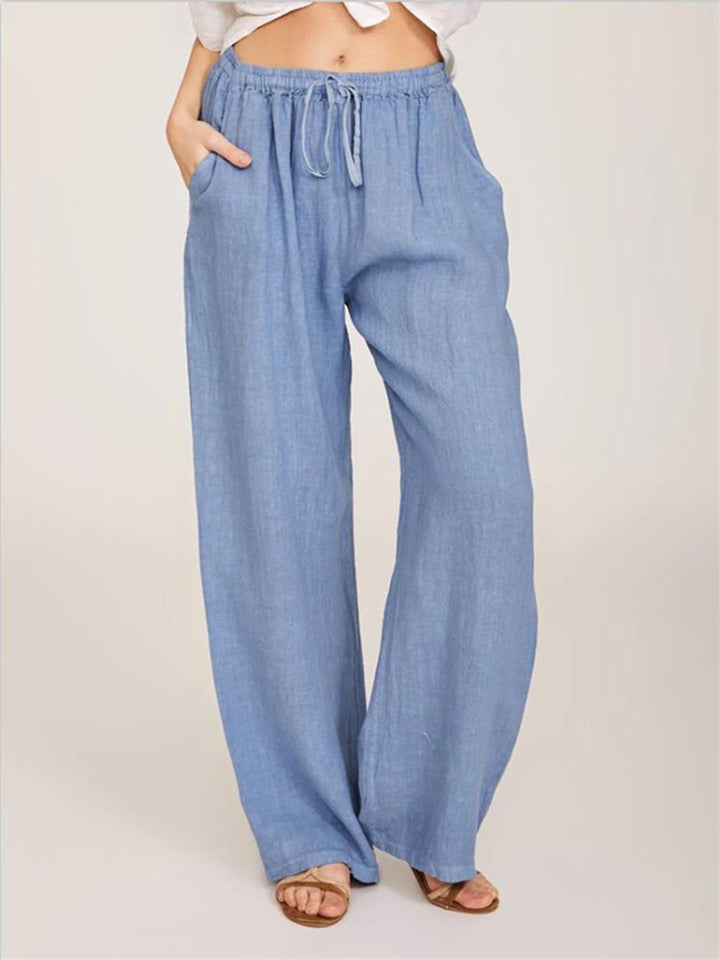 Loookus - New Women's Casual Pants Solid Color Cotton and Linen Loose High-waisted Tie Wide-legged Pants