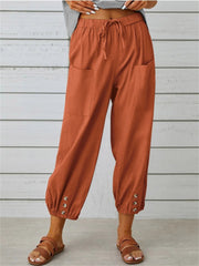 Loookus - Women's New Loose Type High-waisted Button Cotton Linen Pants Nine-minute Pants Wide-legged Cotton Linen Nine-minute Pants