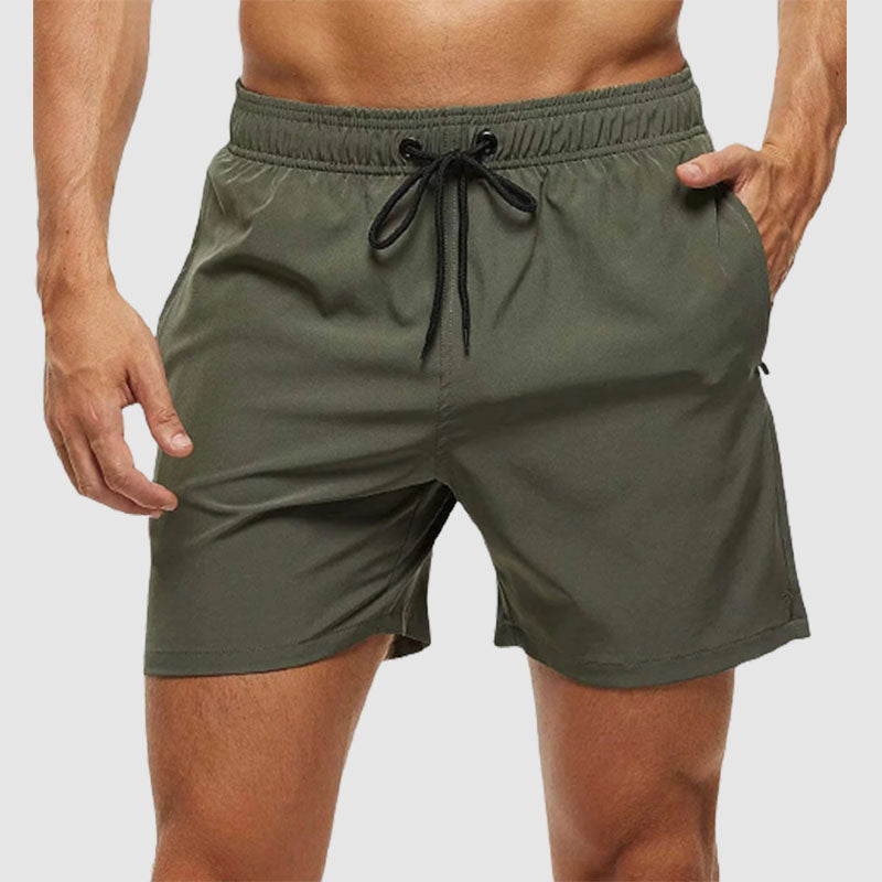 Loookus - Men's Solid Color Quarter Casual Beach Shorts With Zippered Pockets And Mesh Lining Swimwear