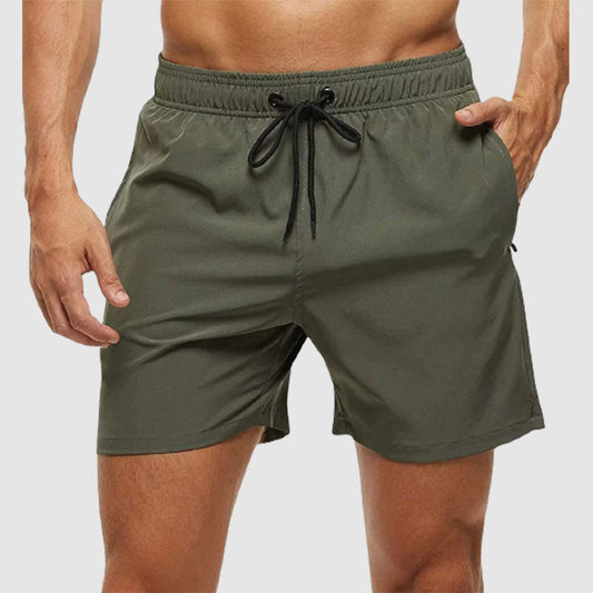 Loookus - Men's Solid Color Quarter Casual Beach Shorts With Zippered Pockets And Mesh Lining Swimwear