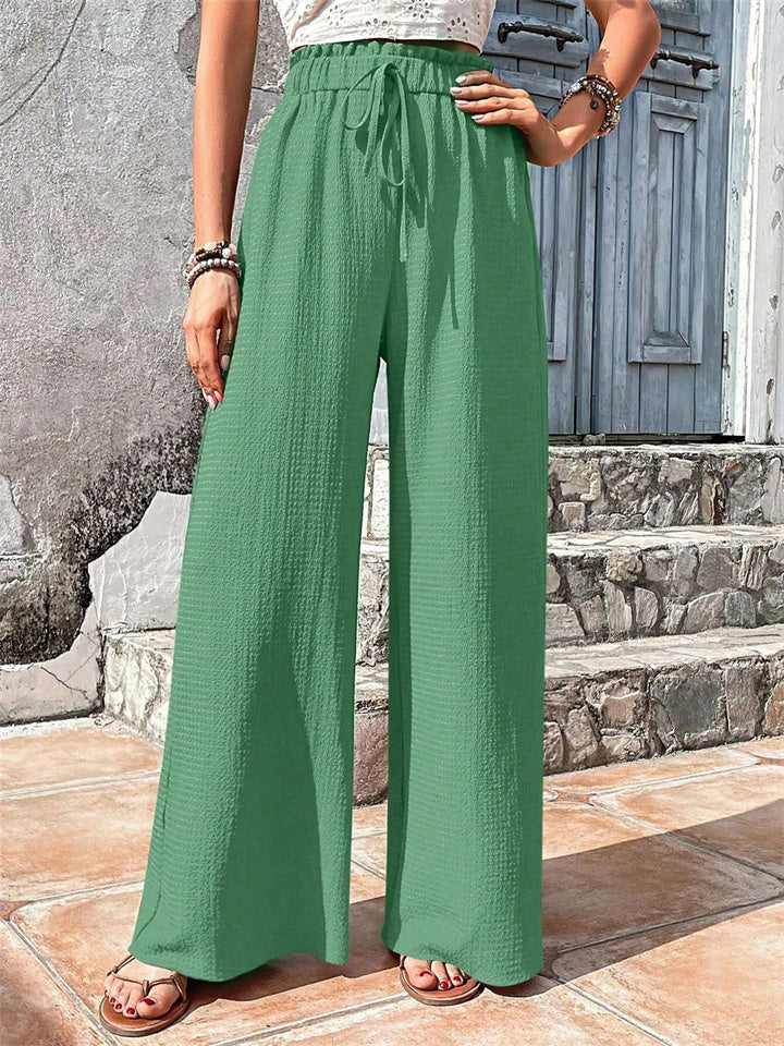 Loookus - Women's Summer New Fashion Versatile Bubble Grid Casual Wide-leg Pants Pleated Solid Color Pants