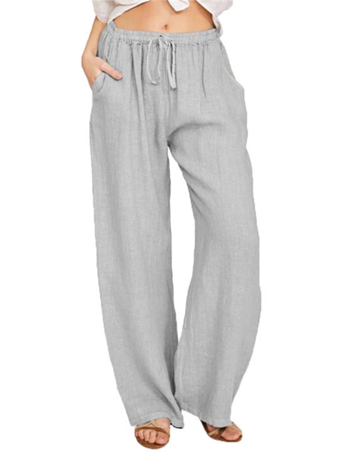 Loookus - New Women's Casual Pants Solid Color Cotton and Linen Loose High-waisted Tie Wide-legged Pants