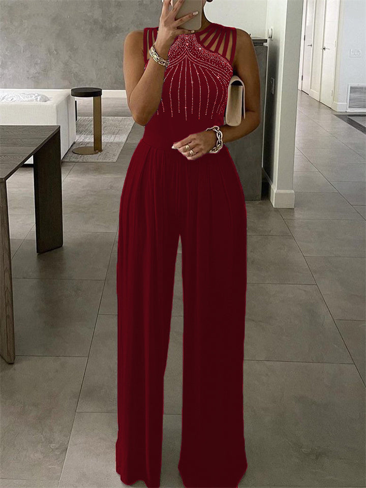 Loookus - Women's Jumpsuit Beaded Solid Color Crew Neck Elegant Party Evening Prom Wide Leg Regular Fit Sleeveless Blue Black Wine S M L Summer