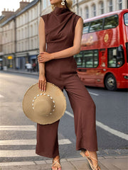 Loookus - New Summer Women's Sleeveless Solid Color Swing Collar Jumpsuit Pants Mid-waist Pants