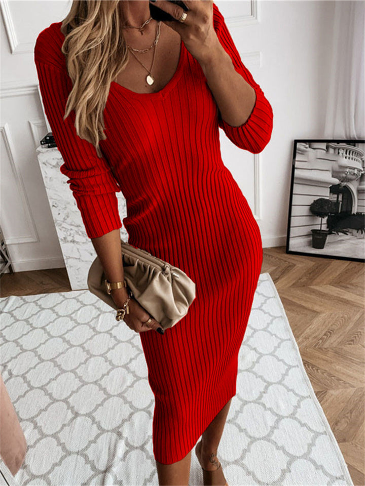 Loookus - Women's Sweater Dress Winter Dress Sheath Dress Midi Dress Blue Khaki Red White Black Long Sleeve Pure Color Patchwork Winter Fall V Neck Casual 2022 S M L XL XXL 3XL 4XL 5XL