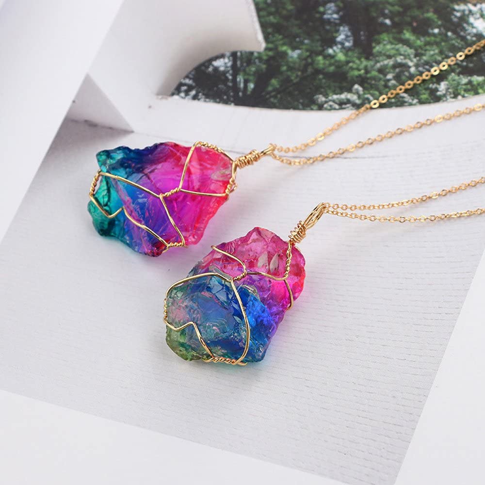 Loookus - Natural Rainbow Stone Healing Irregular Crystal Rock Pendant Necklace