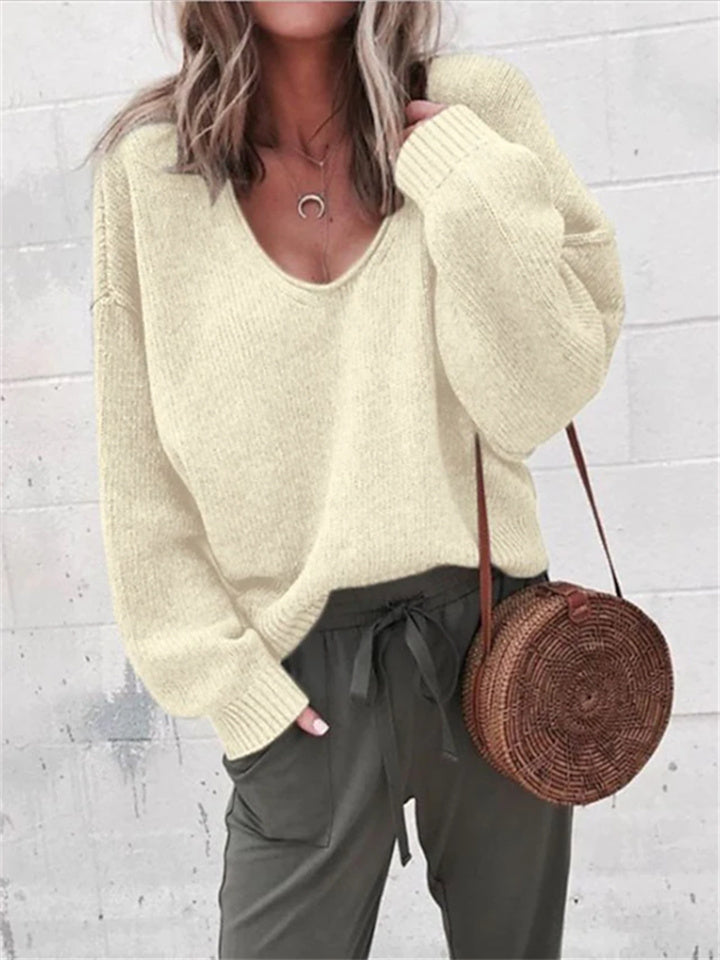 Loookus - Women's Pullover Sweater Jumper Knitted Solid Color Stylish Basic Casual Long Sleeve Regular Fit Sweater Cardigans V Neck Fall Winter Purple Yellow Gray / Holiday