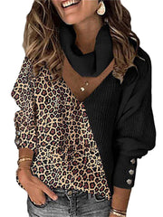 Loookus - Autumn and Winter New Women's Leopard Print Color Blocking Temperament V-neck Loose Scarf Hollowed Knitwear