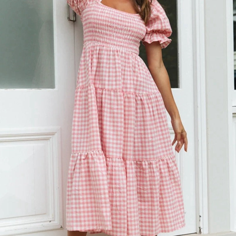 Loookus - Plaid Bubble Sleeve Dress