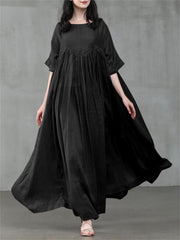 Loookus - Casual Temperament Women's Cotton Linen Set Head Round Neck Swing Type Solid Color Dress