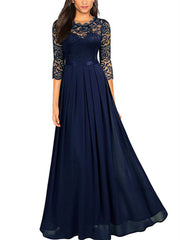 Loookus - Women's Party Dress Lace Dress Long Dress Maxi Dress Green Wine Navy Blue Black 3/4 Length Sleeve Pure Color Lace Ruched Winter Fall Crew Neck Elegant Formal Romantic Party 2022 S M L XL XXL