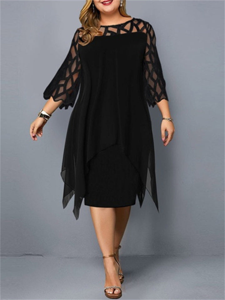 Loookus - Women's Plus Size Party Dress Solid Color Crew Neck Lace 3/4 Length Sleeve Fall Spring Elegant Midi Dress Formal Party Dress