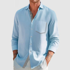 Loookus - Men's Classic Color Block Patchwork Cotton Linen Shirt