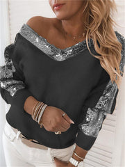 Loookus - Autumn and Winter Solid Color Casual Pullover Women's Sequin Splicing Plush Long Sleeve Loose V-Neck Urban Casual Top