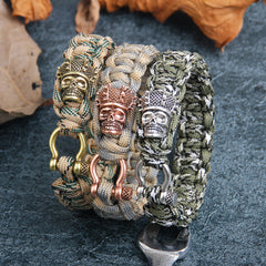 Survival Rope Bracelet with Vintage Skull Charm-Army Green Black White