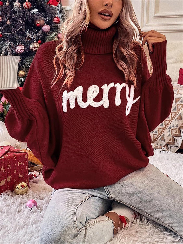 Loookus - Christmas Turtleneck Sweater Women's Fall and Winter Loose Bat Sleeve Outwear Knit Sweater Tops for Women