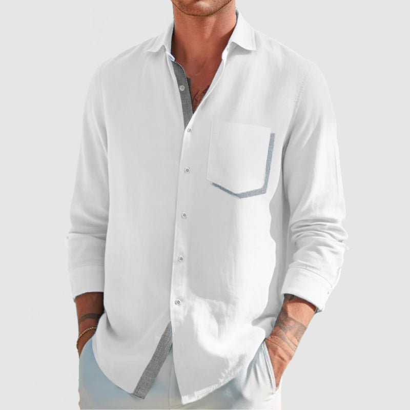 Loookus - Men's Classic Color Block Patchwork Cotton Linen Shirt