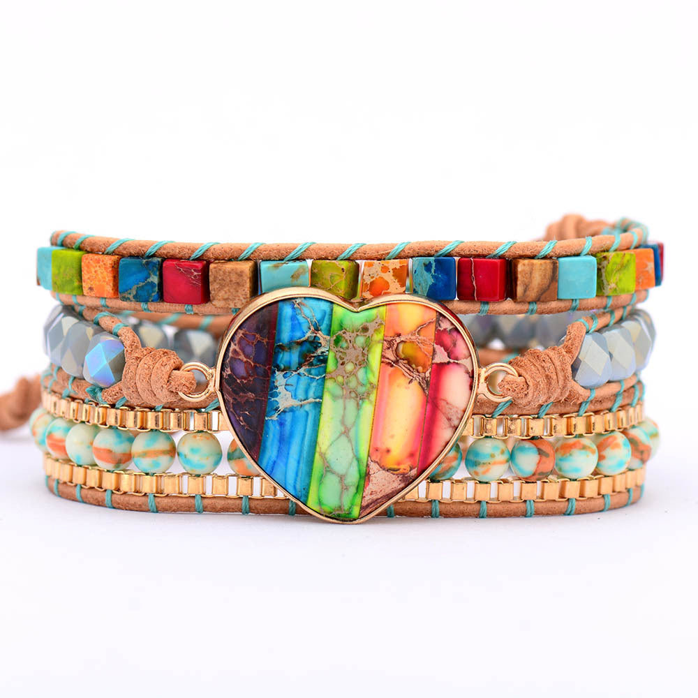 Lookus - Heart-Shaped Colorful Imperial Stone Leather Bracelet