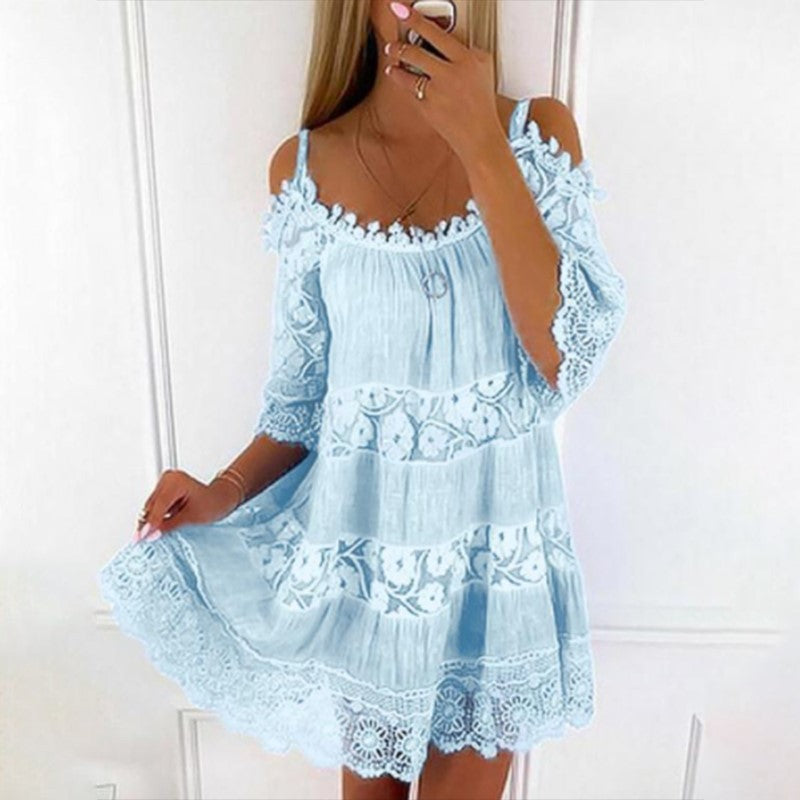 Loookus - Lace Patchwork Suspender Flower Girdle Casual Solid Loose Dress White Dresses